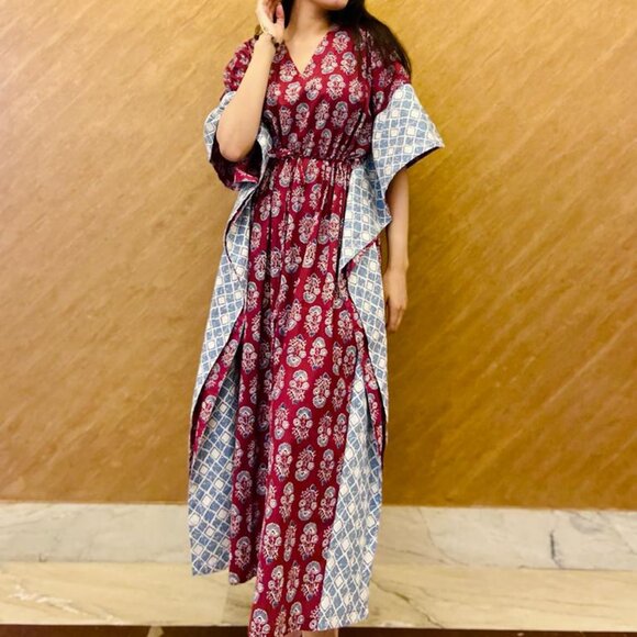 Brand New Women Indian Handmade Cotton Kaftan Hand Block Print Caftan Gown - Picture 8 of 8